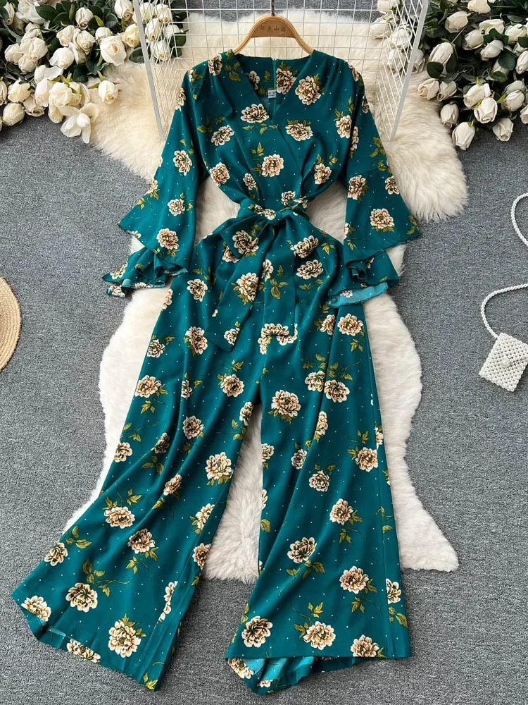 Summer Ladies Temperament V-neck Floral Bell-sleeved Jumpsuit New Lace-up Waist Female Slim Loose Wide-leg Trousers Women D1258 - Image 2