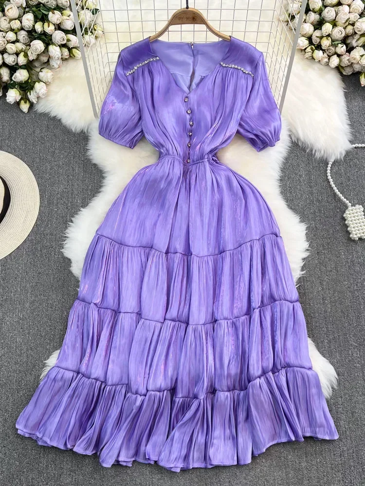 Women Summer Dress French Temperament Gentle Bubble Sleeves V-Neck Wrapped Waist for A Slim A-line High End Elegant Dress D3831 - Image 2