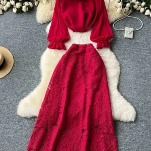 Temperament Two-piece Women's Three-dimensional Flower French Long Sleeved Shirt+high Waist Mid Length Lace Skirt A223