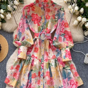 Women Spring Dress French Court Style Stand Up Collar Lantern Sleeve Buckle Waist Print Slimming Ruffle Edge Short Dress DS058
