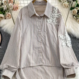 Women Shirt Autumn French Striped Diamond Studded Nail Bead Lapel Shirt Striped Loose Slimming Blouse Female Top BL236