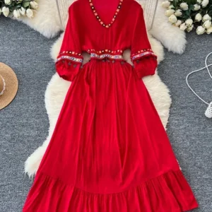 Spring Summer New Retro Ethnic Style Dress Women's Embroidered V-neck Cinched Waist A-line Sequined Fringe Beach Long Dress A151