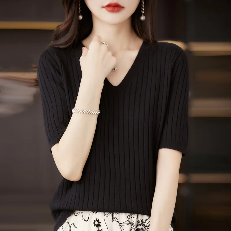2025 Women Sweater Short Sleeve Spring Summer Knitwears Korean Fashion Stripe Pullovers Slim Fit Knit Tops Casual V-neck Jumpers - Image 3