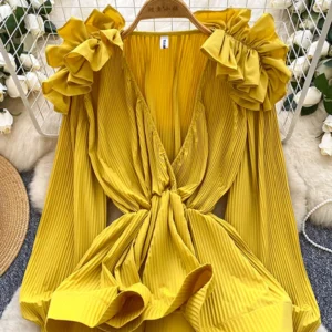 European Fashion V-neck Black Fungus Edge Splicing Long Sleeved Blouse Women Autumn New Collection Waist Lotus Leaf Hem Top C337