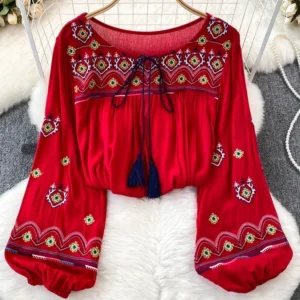 Women Spring Autumn Retro Indie Folk Round Neck Embroidery Blouse Lantern Long Sleeve Loose Look Slim Doll Shirt Top D4950