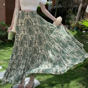 2025 Summer Women's Floral Half Skirt New Fashionable Beach Vacation Versatile Long A-line Large Swing Skirt C286