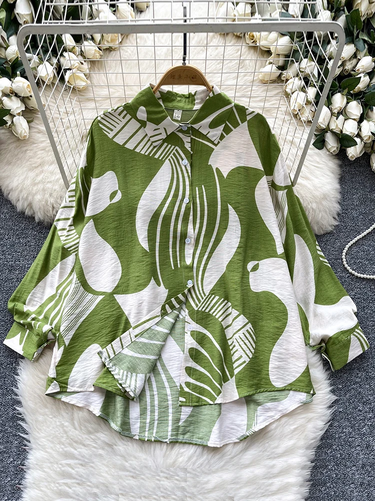 Spring Autumn Retro French Style Printed Polo Neck Shirt for Women New Fashionable Loose and Unique Long Sleeve blouse Top C165