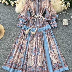 Spring Autumn European American Long Sleeved Dress Women Court Style Standing Collar Lantern Sleeves Printed Long Dress S56