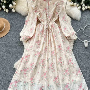 Spring Autumn French Court Style Floral Dress Women's New Hollowed Out Black Fungus Edge Temperament Long Sleeved Dress D13