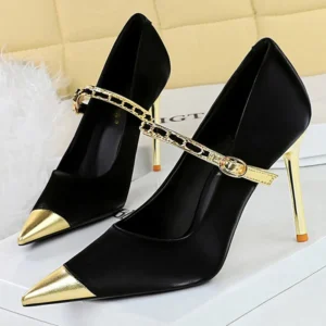 BIGTREE Shoes 10 cm Pointed Metal Women pumps Metal Chain High Heels Sexy party shoes buckle Women Heels stilettos Large size 43