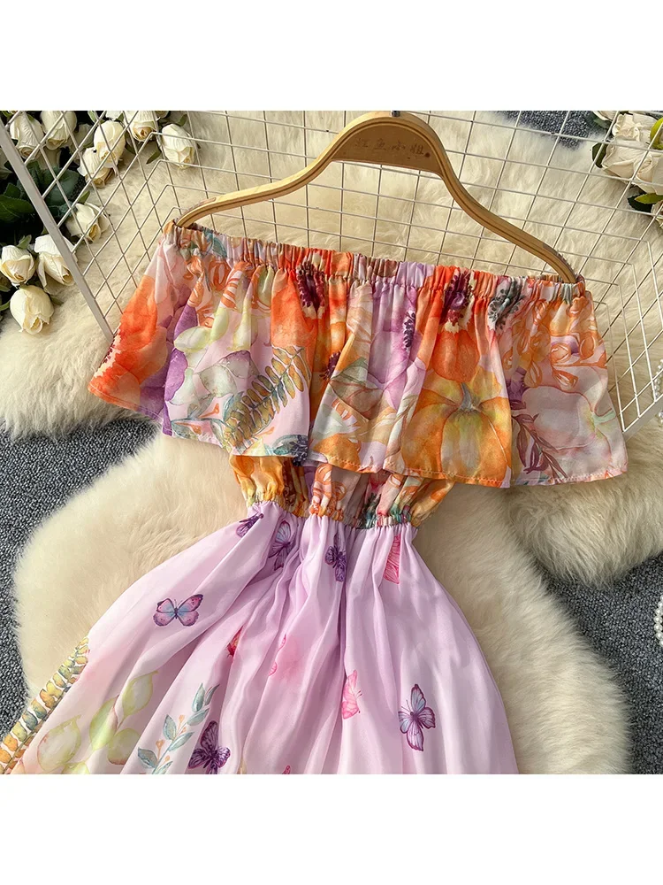Women's Summer Dress Sexy Vacation Style One Shoulder Lotus Leaf Edge Splicing Temperament Long Printed Chiffon Dress DS037 - Image 3