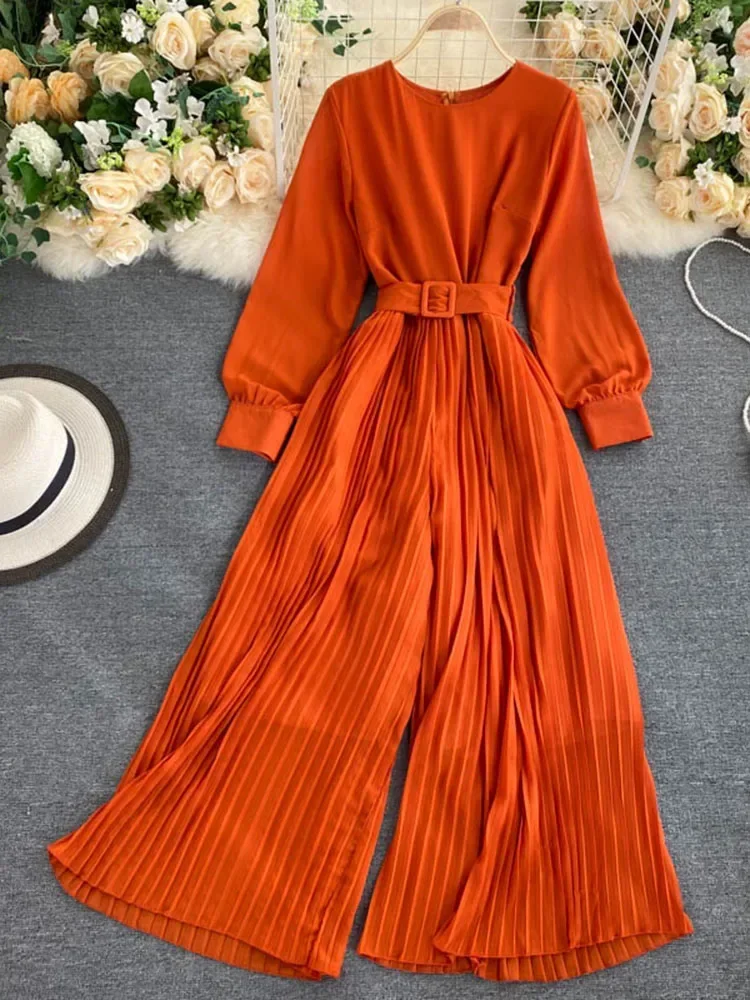 Women's Spring Autumn Jumpsuit New Solid Color Round Neck Long-sleeved Pleated Wide-leg Pants Lace Up Thin Jumpsuit LL061 - Image 4