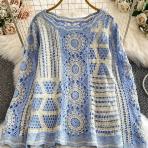 Women's Knitted Blouse Autumn Spring Bohemian Hollowed Embroidered Shirt O-neck T Shirt Blusa Top Female Pullover BL231