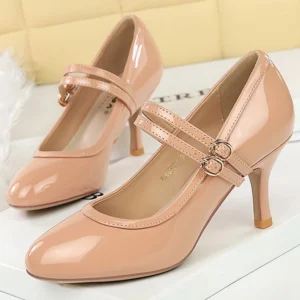 BIGTREE Shoes Women Pumps Double buckle Kitten high heels Patent leather Mary Jane shoes Round head Women Heels 7 CM Stiletto