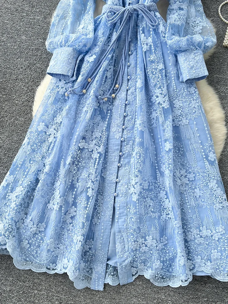 Spring Autumn French High-end Women's Dress New Lace Embroidery V-neck Lantern Sleeves Single Breasted Party Birthday Dress C192 - Image 4