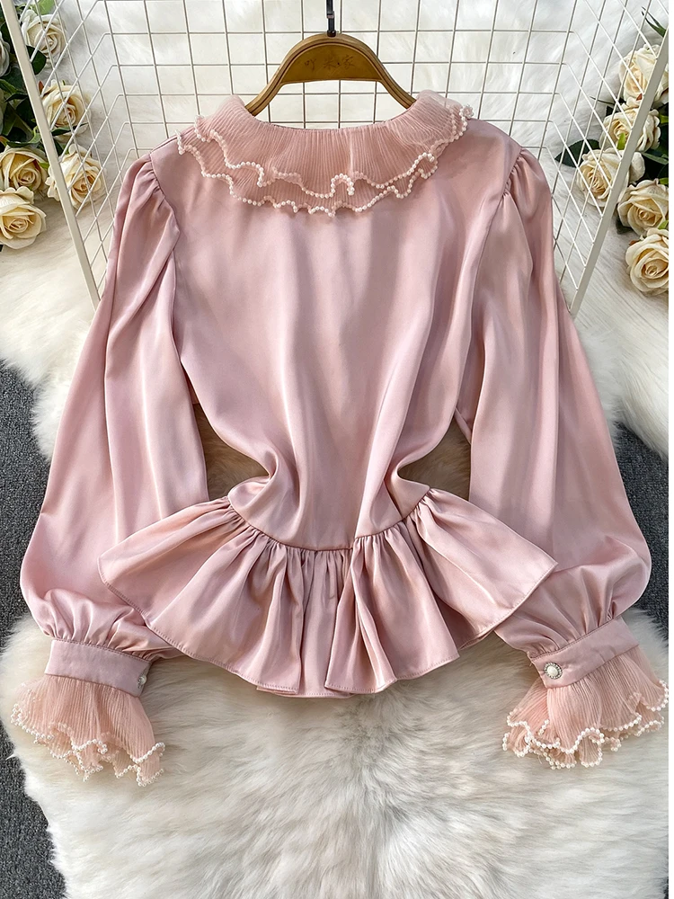 Women Blouse French Palace Heavy Industry Mesh Splicing Beading Ruffles Collar Trumpet Sleeve Shirt Retro Satin Top Female BL232 - Image 2