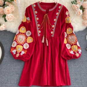 Spring Autumn Bohemian Retro Folk Style Dress Female Heavy Industry Embroidery Round Neck Puff Sleeve Loose Mini Dress GL120