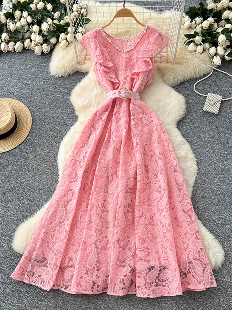 2025 Women's Summer Clothing Nail Bead V-neck Lace Dress New Fashionable Elegant Birthday Party Apricot Ruffle Edge Dress S95