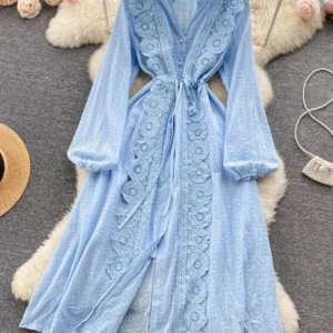 Spring Autumn Women's Vintage Long Sleeve Dress Solid Color flower French Lace Up Waist Single Breasted Long Dress GD816