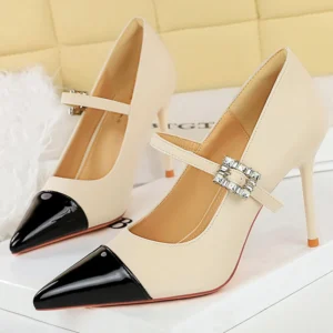 BIGTREE Shoes Color blocked pointed tip Women Pumps Rhinestone buckle High Heels Fashion banquet shoes Stilettos heels 9.5 cm