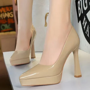 BIGTREE Shoes Platform Pumps Women 12 CM Heels patent leather High Heels Thick Heel Ladies shoes pointed end Woman Pumps Fashion