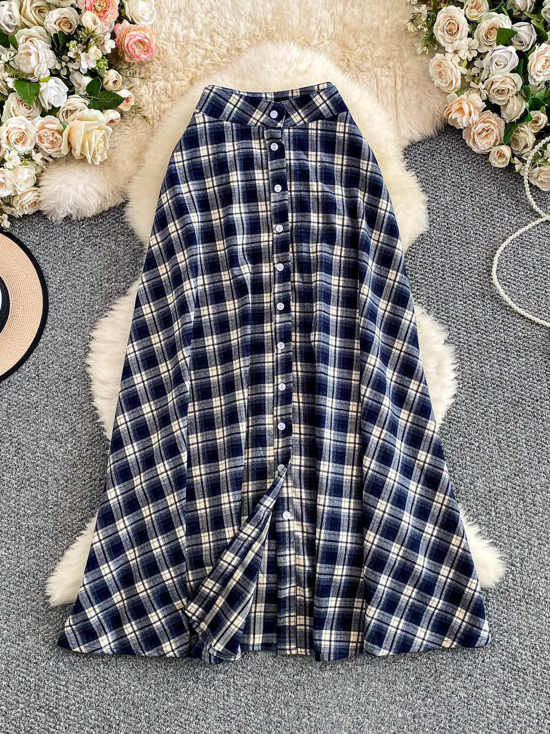 New Arrival Women's Skirt Unique Single-breasted Skirt, Hot Girl Style, Versatile Plaid High Waist Slim Mid-length Faldas SK060
