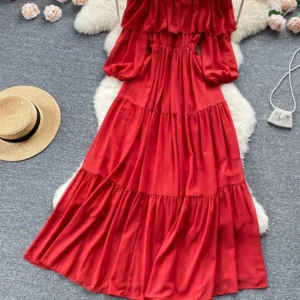 Women Spring Summer Dress Self-cultivation New One Line Shoulder Lotus Leaf Edge Layering Waist Fold Temperament Dress D2745