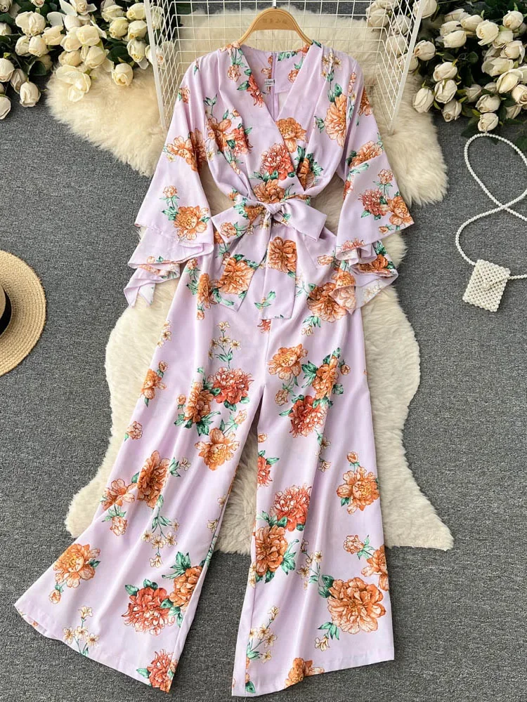 Summer Ladies Temperament V-neck Floral Bell-sleeved Jumpsuit New Lace-up Waist Female Slim Loose Wide-leg Trousers Women D1258 - Image 3