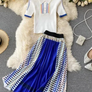 Spring Summer New Temperament Fashion Lapel Short-sleeved Polo Shirt Top with High Waist Mosaic Stitching Skirt Suit C676