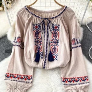 Spring Ethnic Style Retro Heavy Industry Totem Embroidery Tassel Lace Round Neck Puff Sleeve Top Trendy Women Blouse D1590