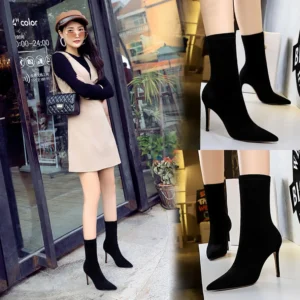 BIGTREE Shoes Women Sexy Mid-Calf Boots Stretch Socks Boots Suede Tip High Heels Autumn Winter Boots Black Women Boots Size 43