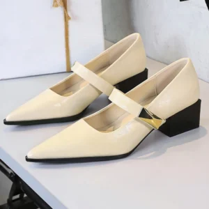 BIGTREE Shoes Retro Women Pumps Thick Heel Ladies shoes Metal buckle pointed end Mary Jane shoes elegant Office shoes 4.5 cm