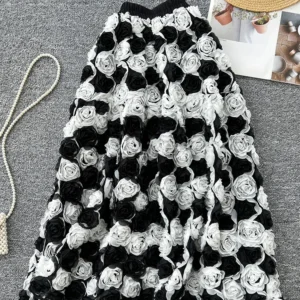 Women's Spring Skirt French Retro Elegant Three-dimensional Rose Flower High Waist Slimming Gentle A-line Fairy Faldas SK031