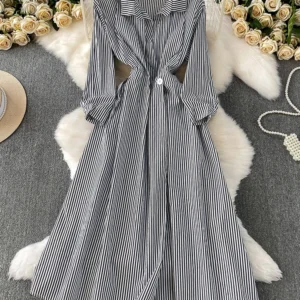 Women Shirt Dress Autumn French style Chic Striped Lapel A-line Office Long Female Maxi Vestidos DS223