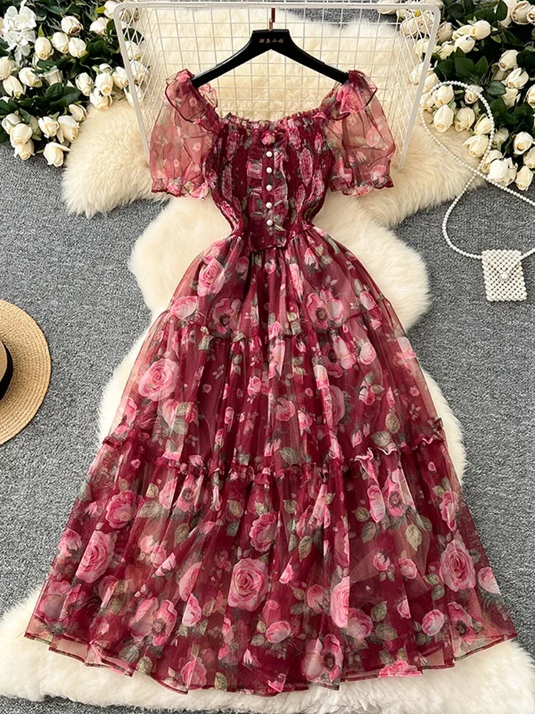 Summer Elegant Slash Neck Short Puff Sleeve Chic Print Slim Chiffon Dresses French High Street Evening Mesh Clothing Female C146 - Image 6