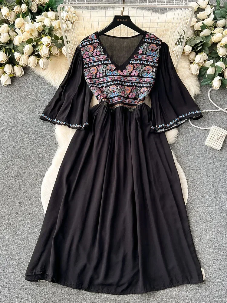 Women Summer Dress New Retro National Style Heavy Industry Embroidery Holiday Thin Temperament Sweet Long Dress D4949 - Image 3