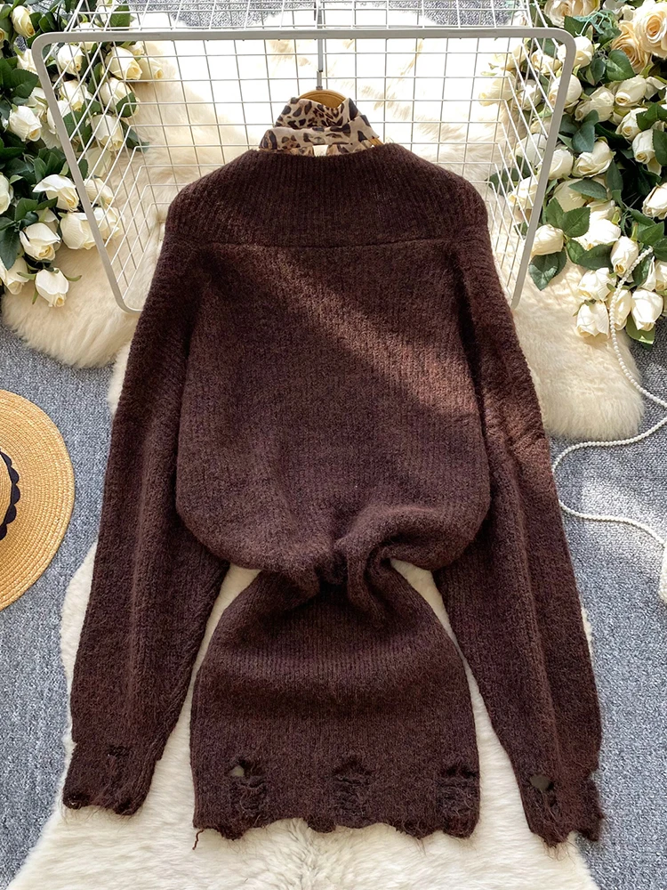 Women Knitted Dress Autumn Winter O-neck Long-sleeved Leopard Bow Scarf Elastic Simple Sexy Mini Female Vestidos DS215 - Image 2