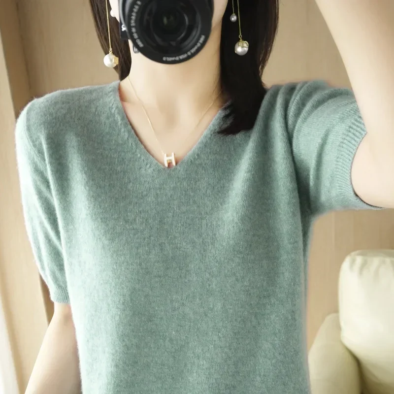 Women Sweaters Spring Summer Short Sleeve V-neck Thin Pullovers Solid Korean Fashion Bottoming Shirt Soft Knitwear Jumpers - Image 3
