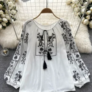 Women Spring Summer Blouse French Printed Shirt New Loose Long Sleeve Design Small Retro Lantern Sleeve Embroidery Top D2532