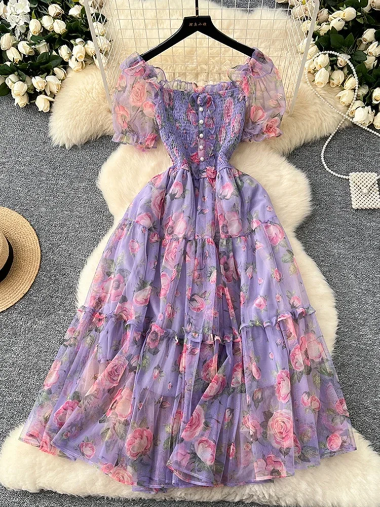 Summer Elegant Slash Neck Short Puff Sleeve Chic Print Slim Chiffon Dresses French High Street Evening Mesh Clothing Female C146 - Image 3