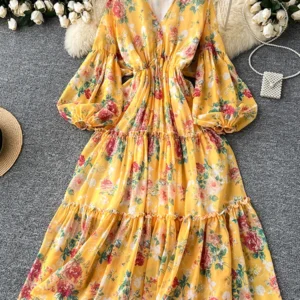 Spring Autumn Long Sleeved Chiffon Dress Women's New French Retro V-neck Lantern Sleeve Lotus Leaf Edge Floral Long Dress C135