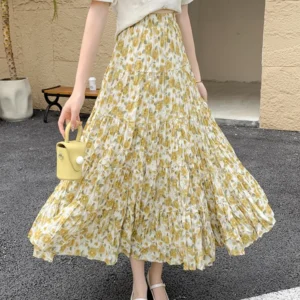 Real Shooting of 2025 Spring Summer New Style Sweet Printed Western-style Floral Pleated A-line Skirt Retro Big Swing Skirt A276