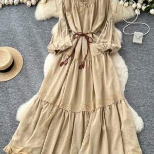 Spring Autumn New Women's Ethnic Wave West Asia Dress Casual Lace Patchwork Lantern Sleeves Big Swing Elegant Dress D39