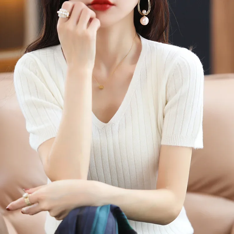 2025 Women Sweater Short Sleeve Spring Summer Knitwears Korean Fashion Stripe Pullovers Slim Fit Knit Tops Casual V-neck Jumpers - Image 4