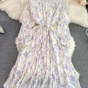 Spring Autumn Floral Gentle Fairy Dress Short Round Neck Bubble Long Sleeve Pleated Waist Thin A-line Vestidos Women D1441