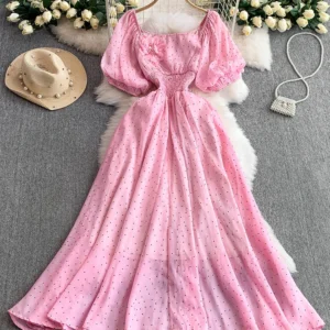 Summer Women's Short Sleeved Polka Dot Dress New Fashionable Pink Square Neck Bubble Sleeve Vacation Beach Big Swing Dress C283