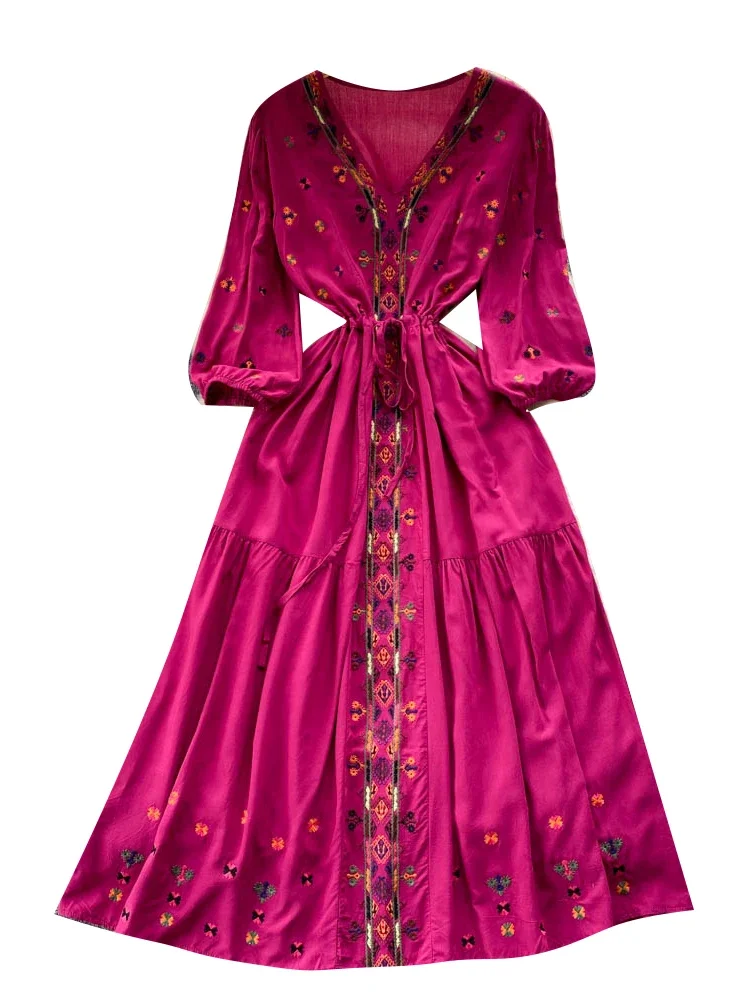 Spring Summer Bohemian Dress Retro Ethnic Style Embroidery V-neck Waist A-line Seaside Holiday Swing Long Vestidos Dress G12 - Image 6