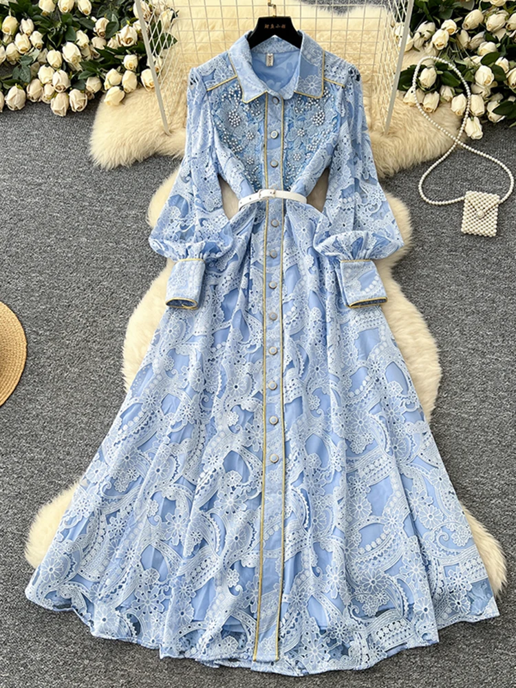 European Lace Long Sleeved Dress Women's Spring Autumn New Suit Collar Single Breasted Fashionable Elegant Long Dress S85