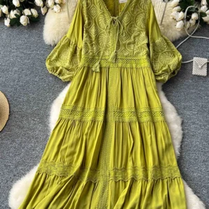 Summer New Retro Lace Patchwork Dress for Women Sweet V-neck Lantern Sleeves Loose A-line Length Vacation Beach Dress D05