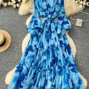 Spring Summer Women's Long Sleeved Printed Large Swing Dress New French Fashion Beach Style Cinched Round Neck Long Dress Y01
